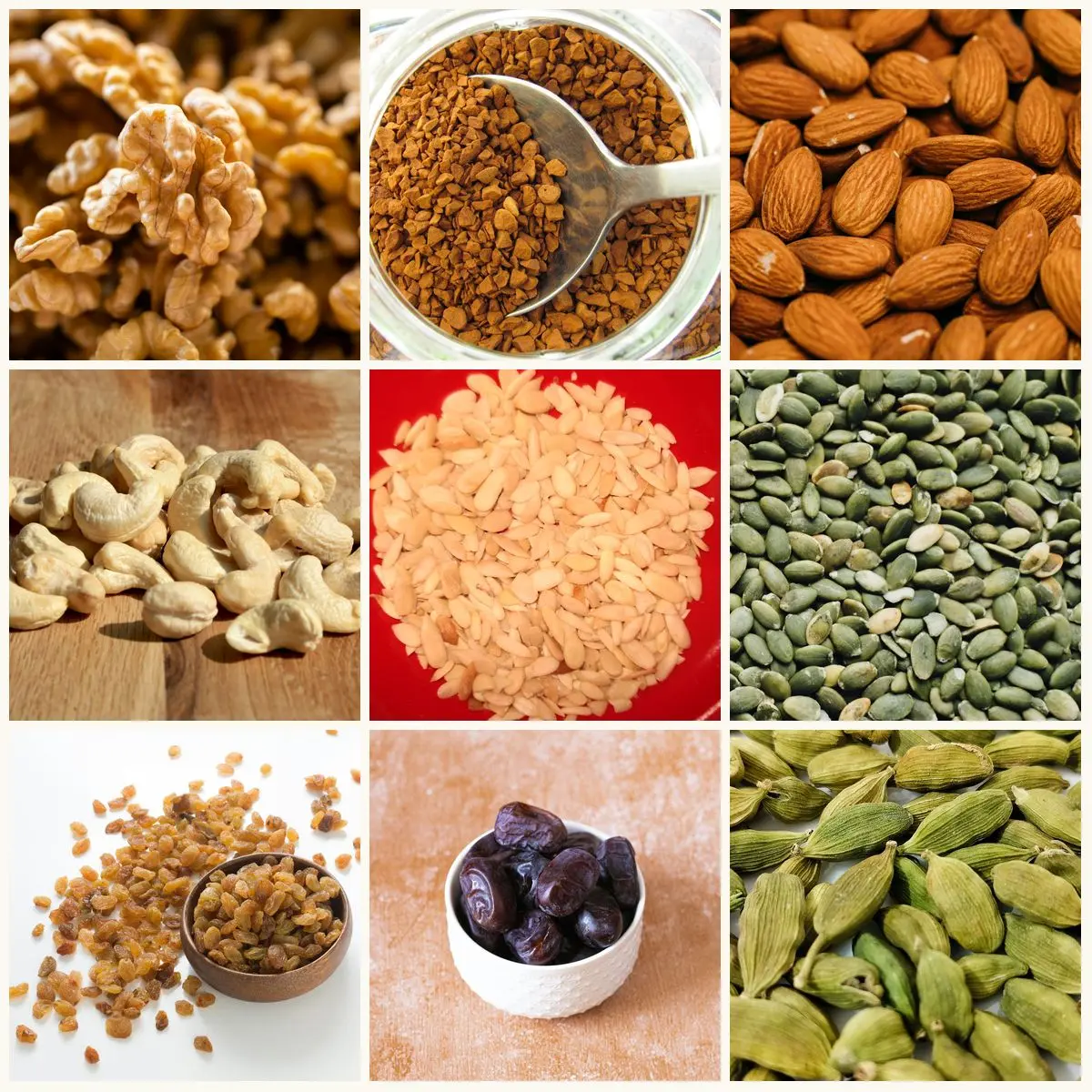 Walnut, instant coffee, badam, cashew, vellari and pumpkin seeds, raisins, Kimia dates and cardamom