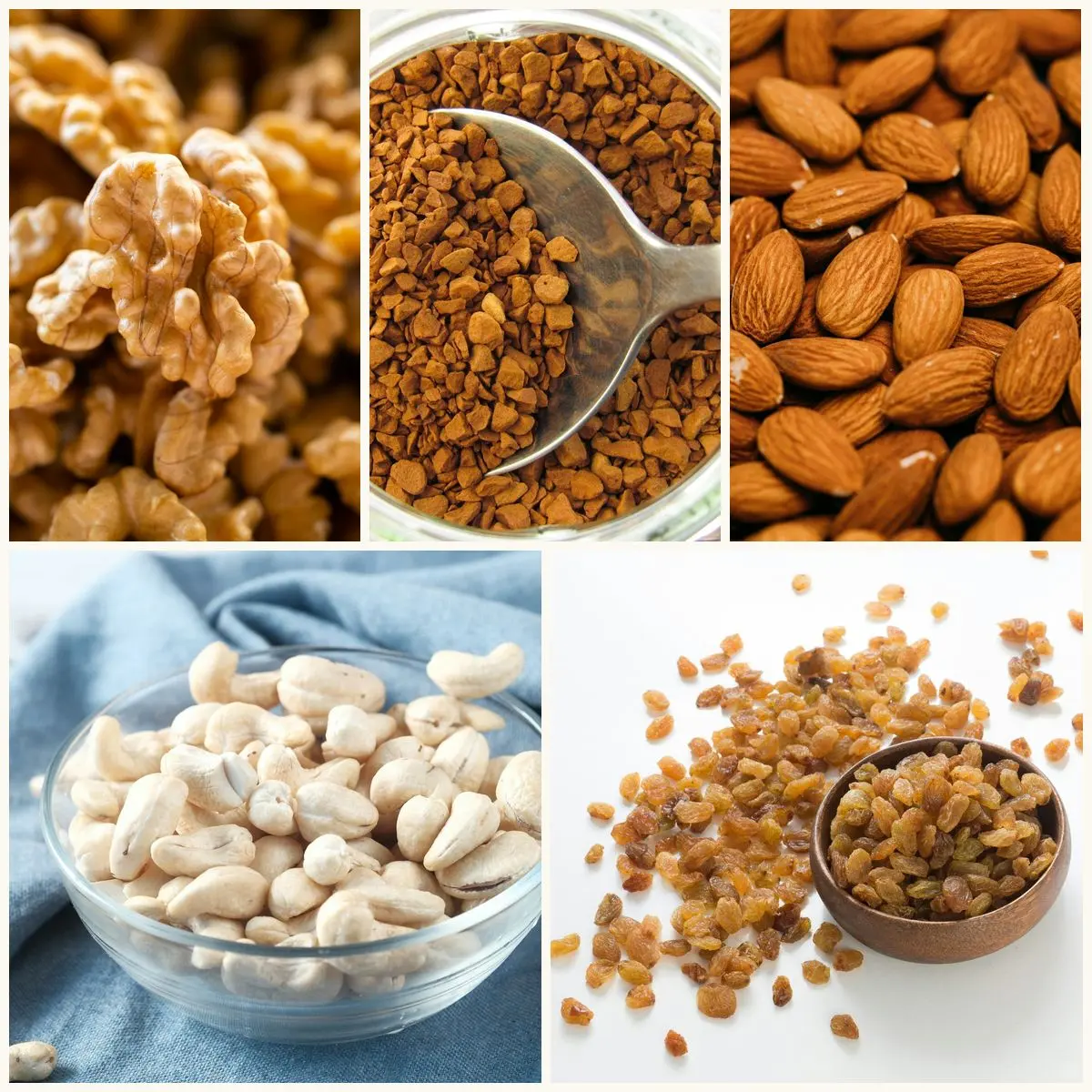 Walnut, instant coffee, badam, W240 cashew and raisins